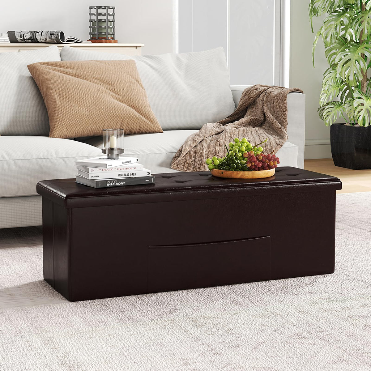 Goflame 43 Inches Folding Storage Ottoman Bench Upholstered PU Leather Storage Chest with Side Pocket