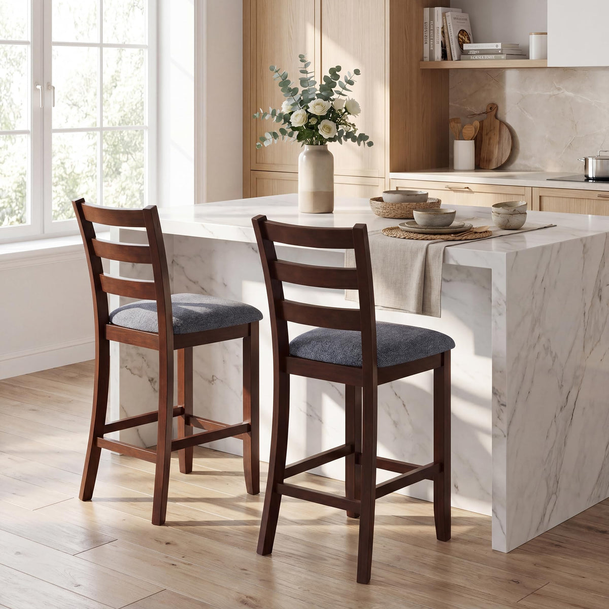 Goflame 26 Inch Farmhouse Upholstered Wooden Barstools with Footrest (2/4)