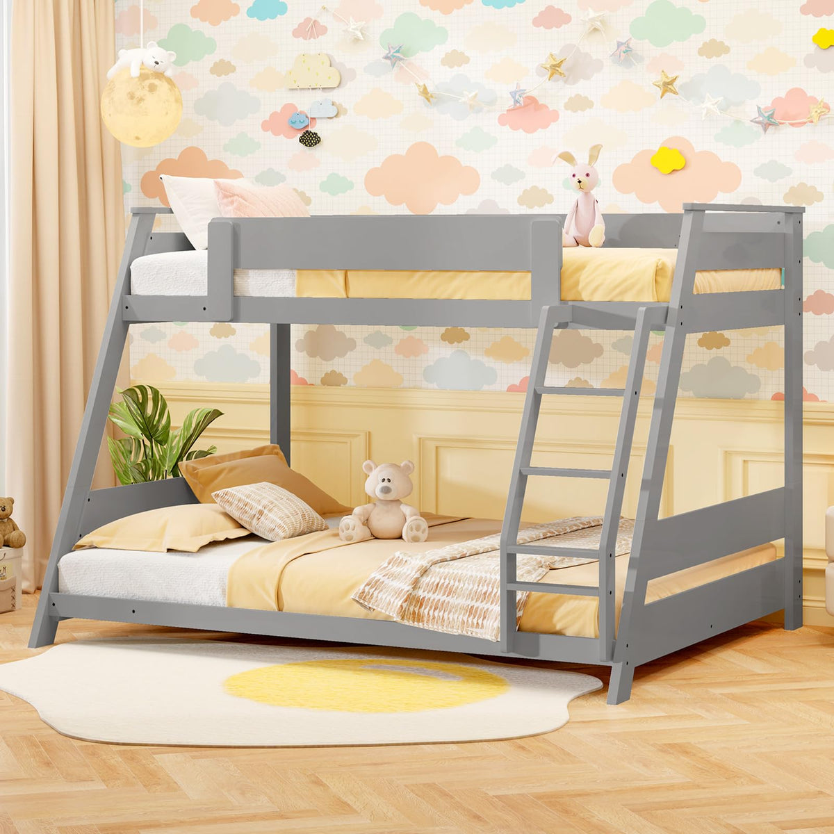 Goflame Wood Bunk Beds Twin Over Full Size, Solid Wood Floor Low Bunk Bed w/Removable Ladder