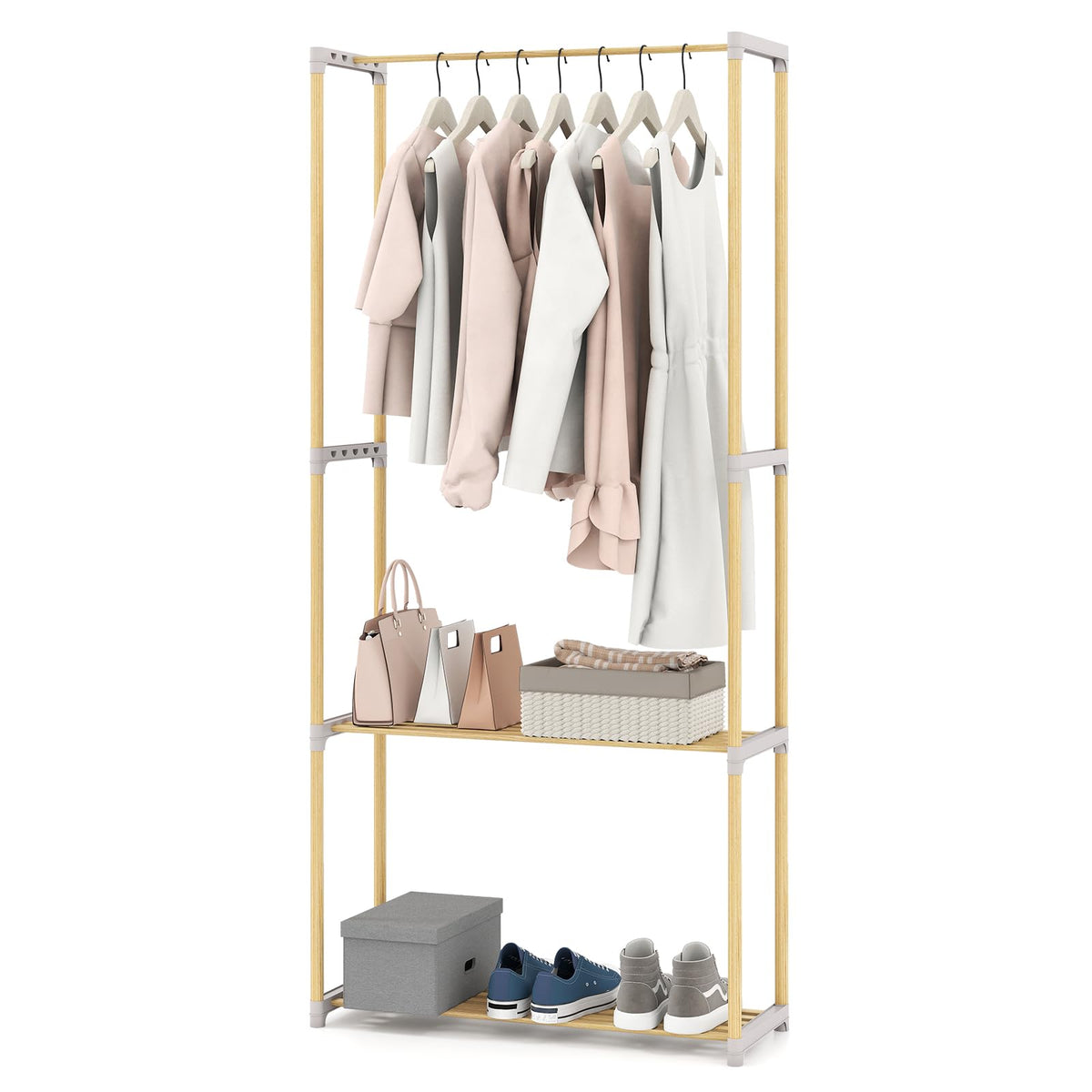 Goflame Pine Wood Clothes Rack with 2-Tier Open Storage Shelf for Hanging Clothes
