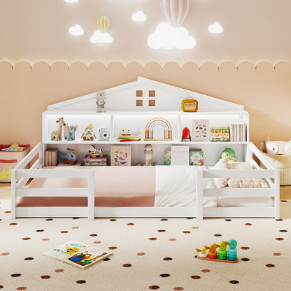 Goflame Montessori Floor Bed with LED Lights 2-in-1 Wooden House Bed Frame with Safety Guardrails