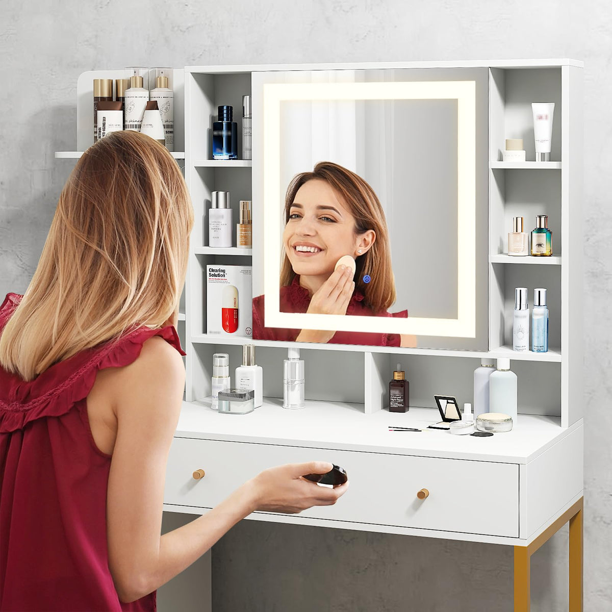 Makeup Vanity Set with Mirror and Lights, White Makeup Desk and Chair Set with Charging Station