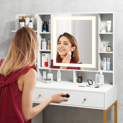 Makeup Vanity Set with Mirror and Lights, White Makeup Desk and Chair Set with Charging Station