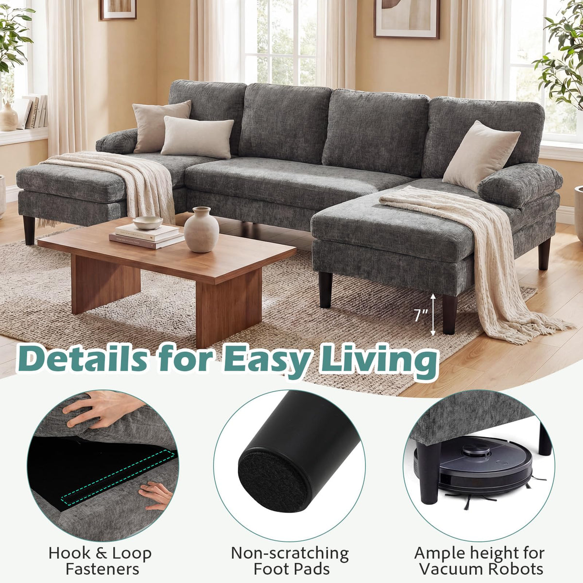 Goflame Sectional Couch for Living Room U-Shaped Sofa
