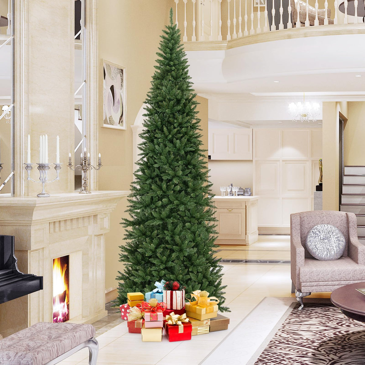 Goflame 12ft Pre-Lit Artificial Christmas Tree with 360° Quick Power Connector