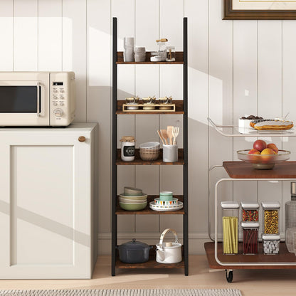 Goflame 5-Tier Industrial Ladder Bookshelf with Removable Fabric Drawer (1/2)