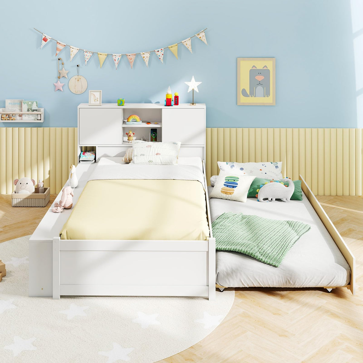 Goflame White Twin Size Bed Frame with Trundle and Bookcase Headboard