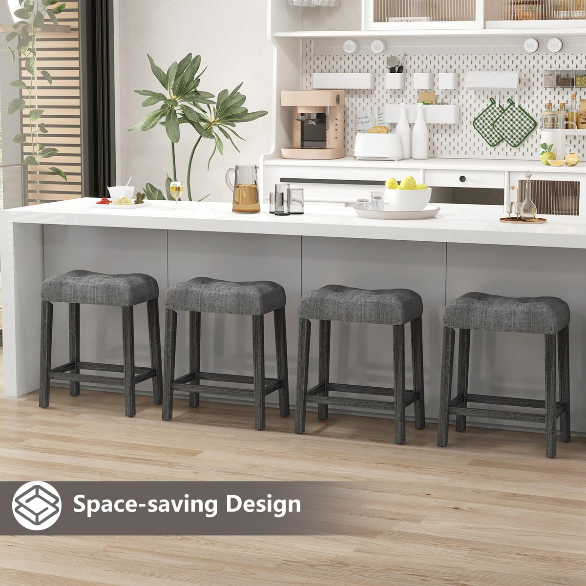 Goflame 24" Bar Stools, Backless Counter Height Saddle Bar Stools w/Padded Seat, Solid Rubber Wood Legs