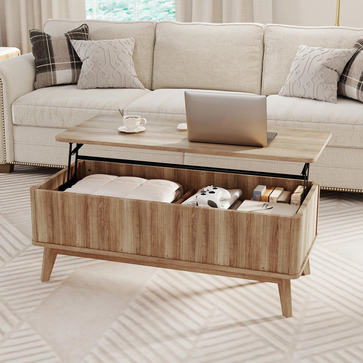 Goflame Lift Top Coffee Table with Storage | 43.5" Mid Century Modern Center Table with Solid Wood Leg & Hidden Compartment