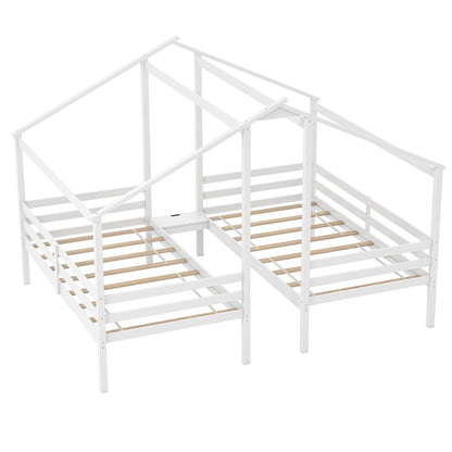 Goflame Double Twin Bed Frames for Kids, Wood House Shaped Platform with Built-in Nightstand & USB Port