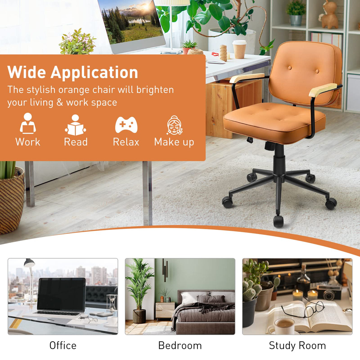 Goflame Home Office Chair, Height Adjustable PU Leather Desk Chair w/Rocking Backrest, Orange