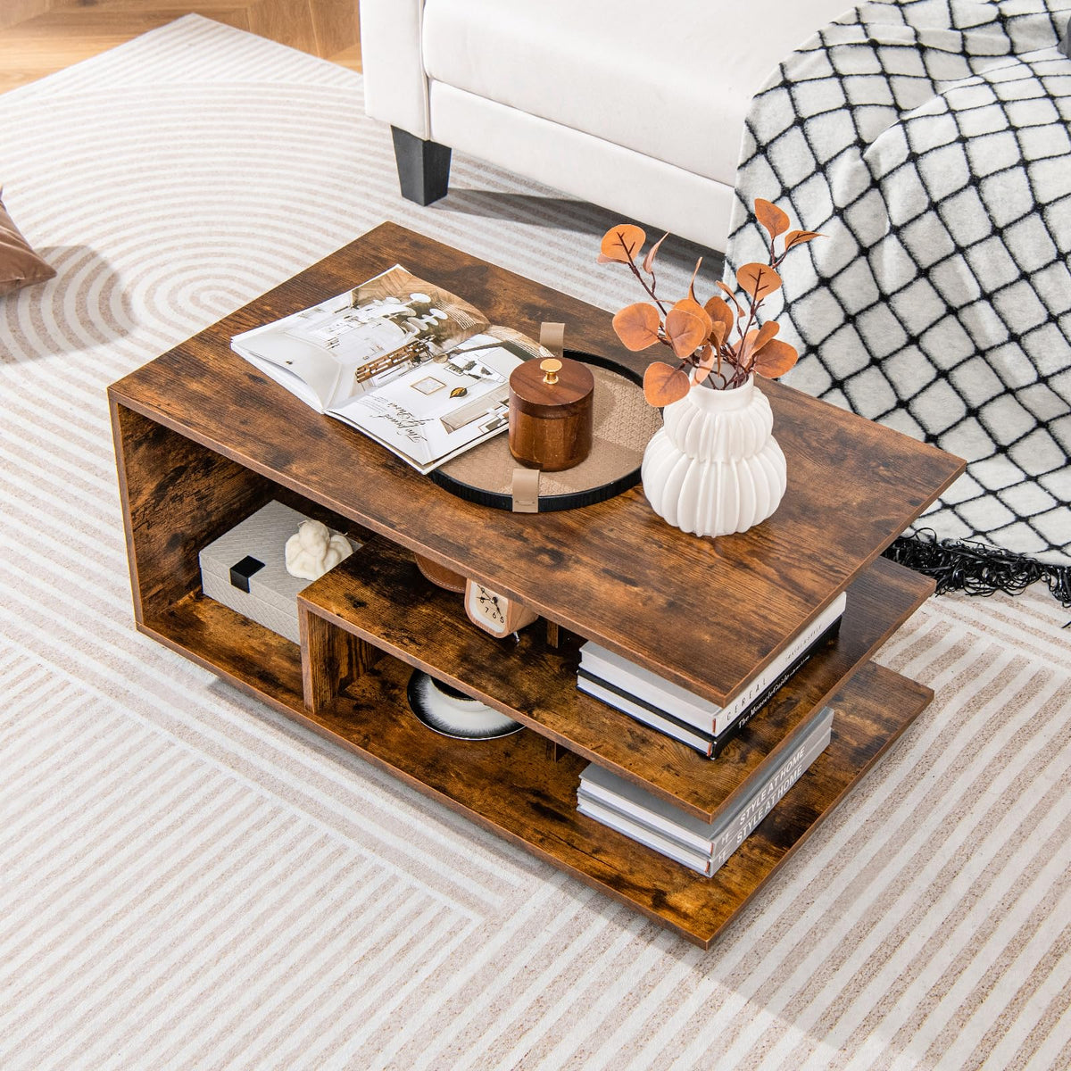 Goflame Coffee Table with Storage, Modern Rectangular Accent Table with L-shaped Middle Shelf