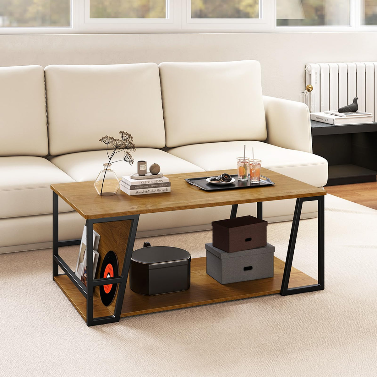 Goflame Rectangle Coffee Table 2-tier Industrial Accent Table with Storage Shelf and Compartment