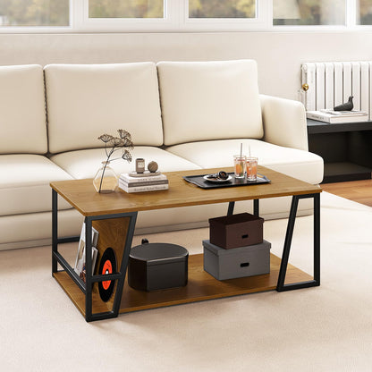 Goflame Rectangle Coffee Table 2-tier Industrial Accent Table with Storage Shelf and Compartment