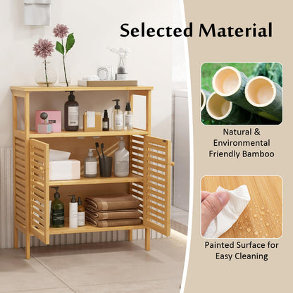 Goflame Storage Cabinet, Bamboo Bathroom Floor Cabinet with Double Louvered Doors