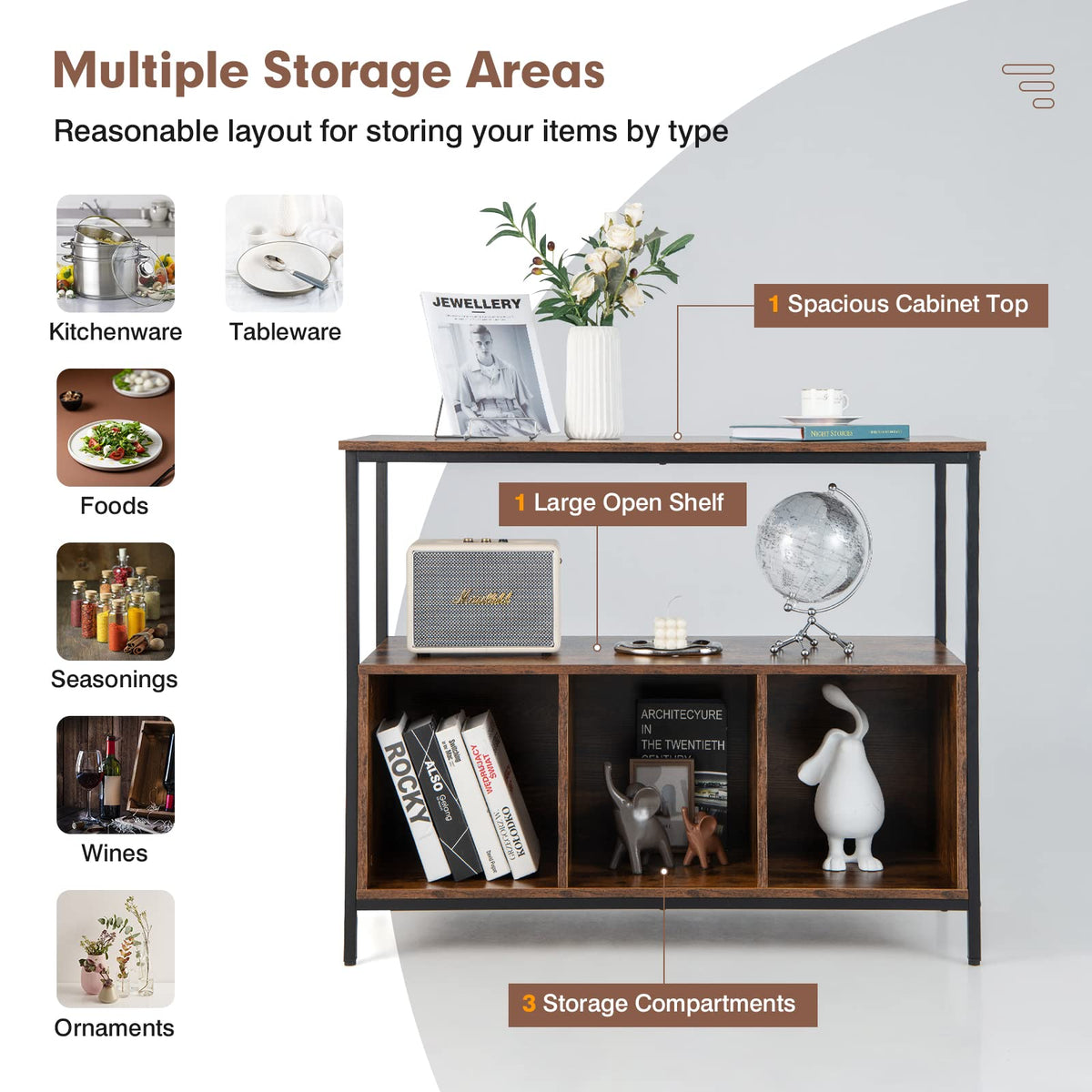 Goflame Buffet Sideboard, Wooden Cupboard, Kitchen Pantry w/Spacious Countertop, Large Open Shelf, 3 Cube Storage Cabinet