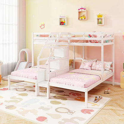 Goflame Twin Over Twin & Twin Bunk Bed, Triple Bunk Beds with 4-Step Storage Stair, Wooden 3 Bunk Beds for Kids Teens