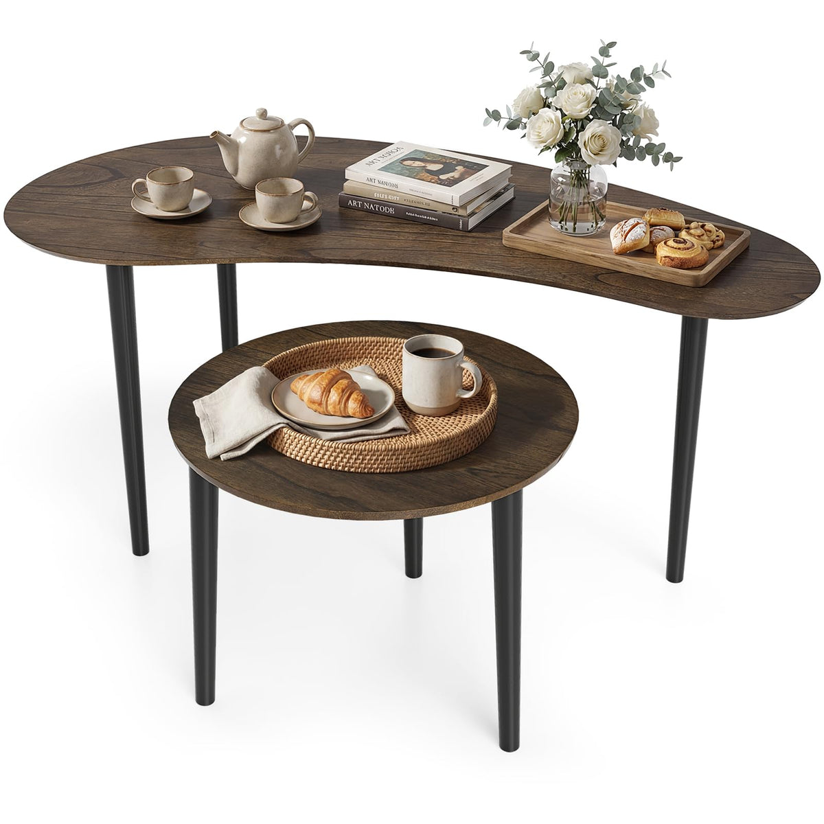 Goflame Nesting Tables Set of 2 | Mid Century Modern Coffee Tables with Solid Wood Support Legs