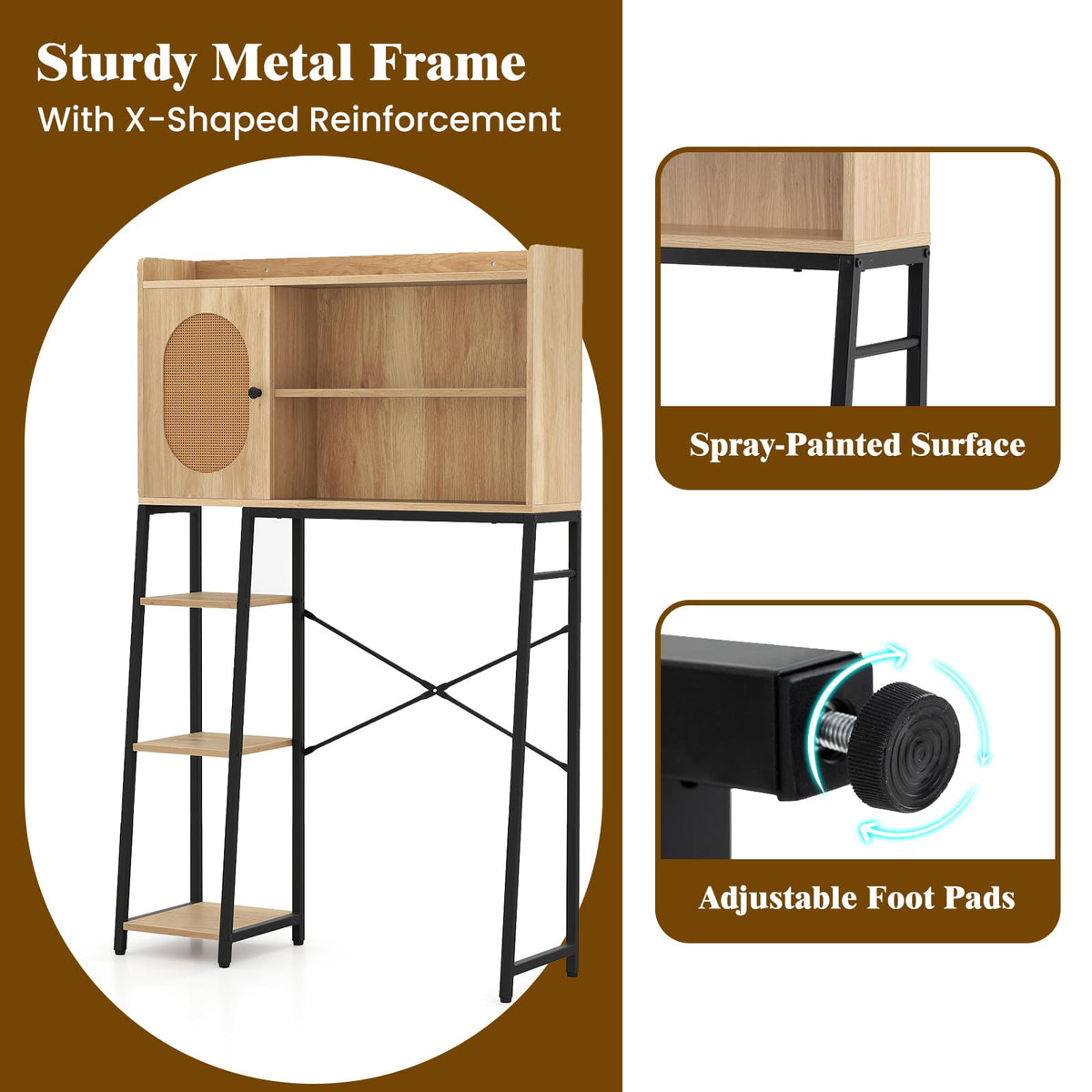 Goflame Over The Toilet Storage Cabinet, Freestanding Storage Organizer Above Toilet with PE Rattan Door and Adjustable Shelf