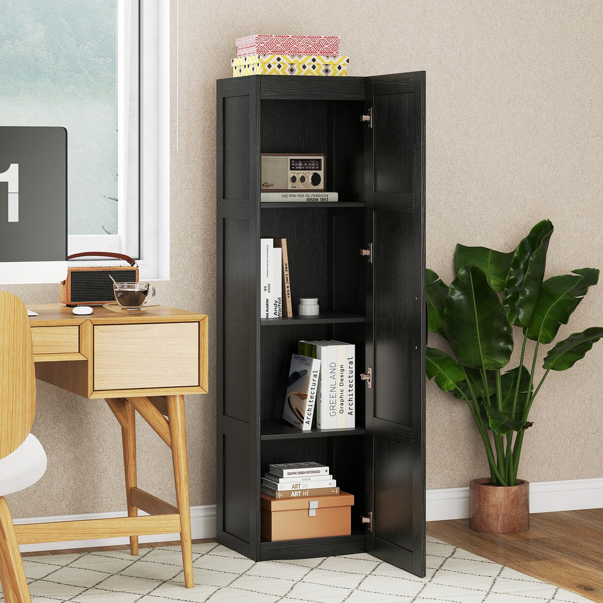 Goflame Narrow Farmhouse Freestanding Bathroom Cabinet with 4 Shelves