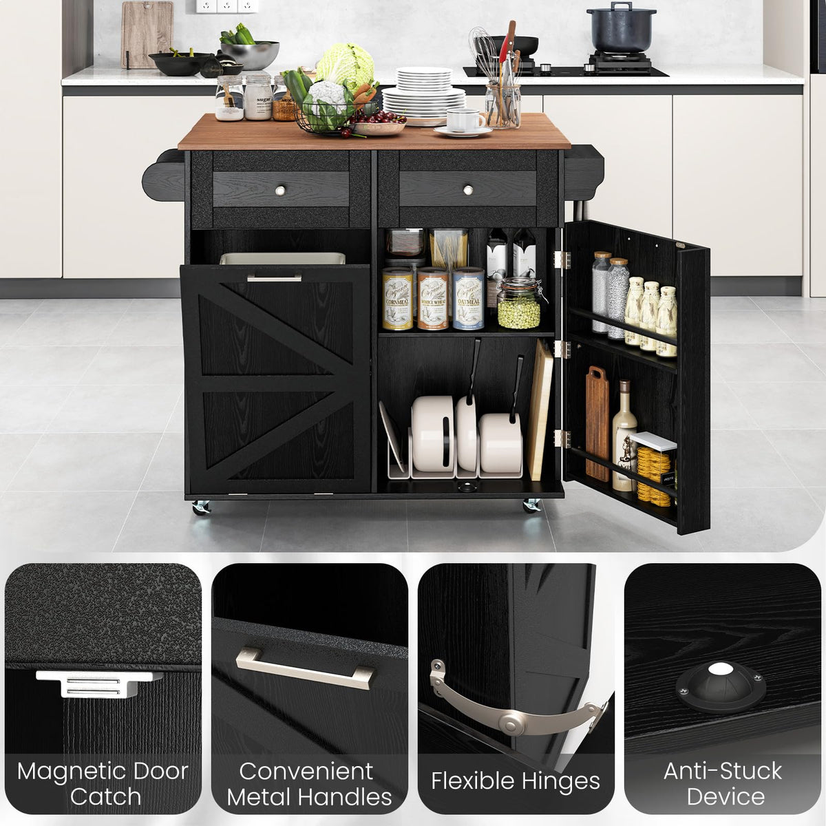Goflame Kitchen Island Cart with Hidden Tilt Out Trash Can Cabinet, Drop Leaf, 2 Drawers, Towel Rack