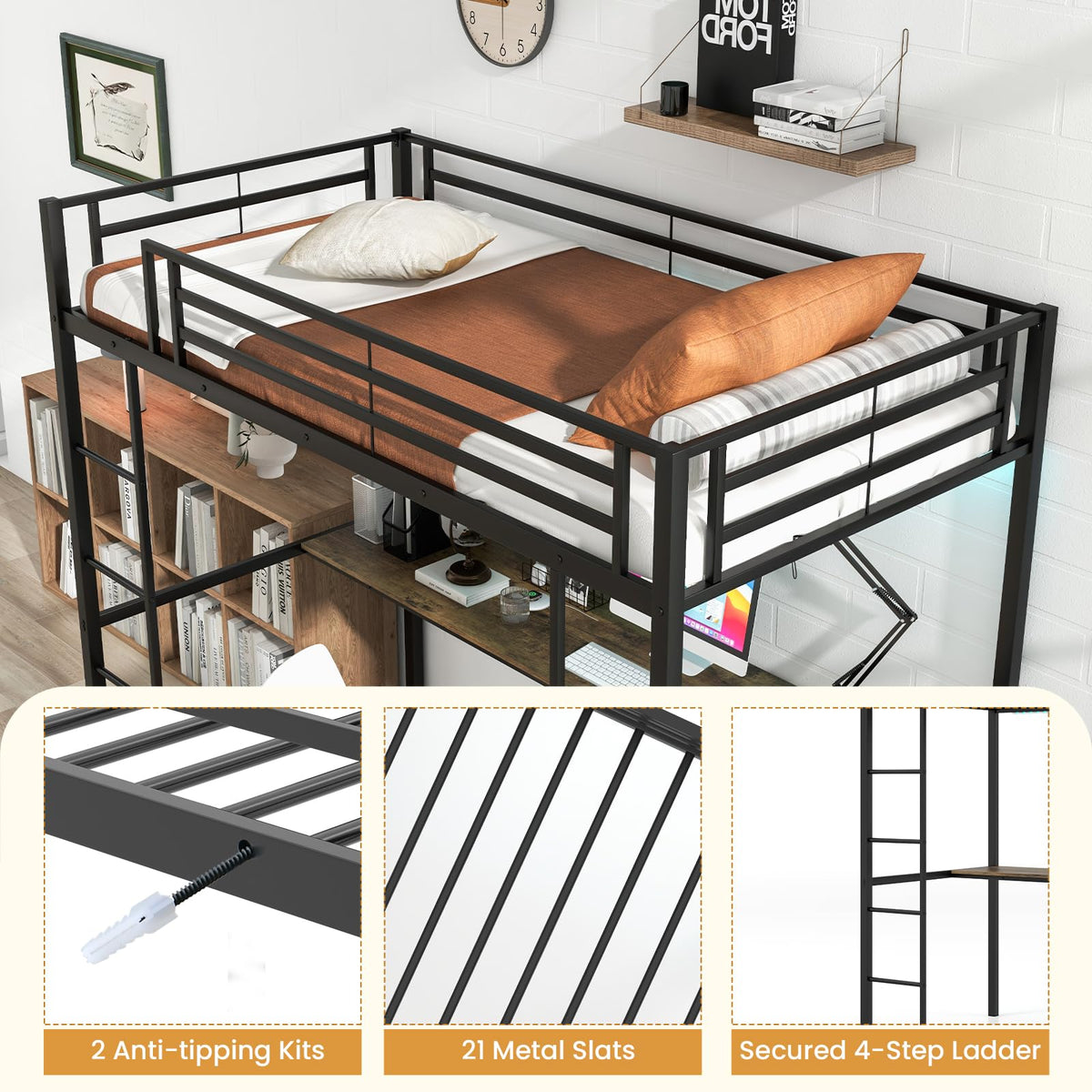 Goflame Twin Loft Bed with L-Shaped Desk, Metal Loft Bed Frame with LED Lights