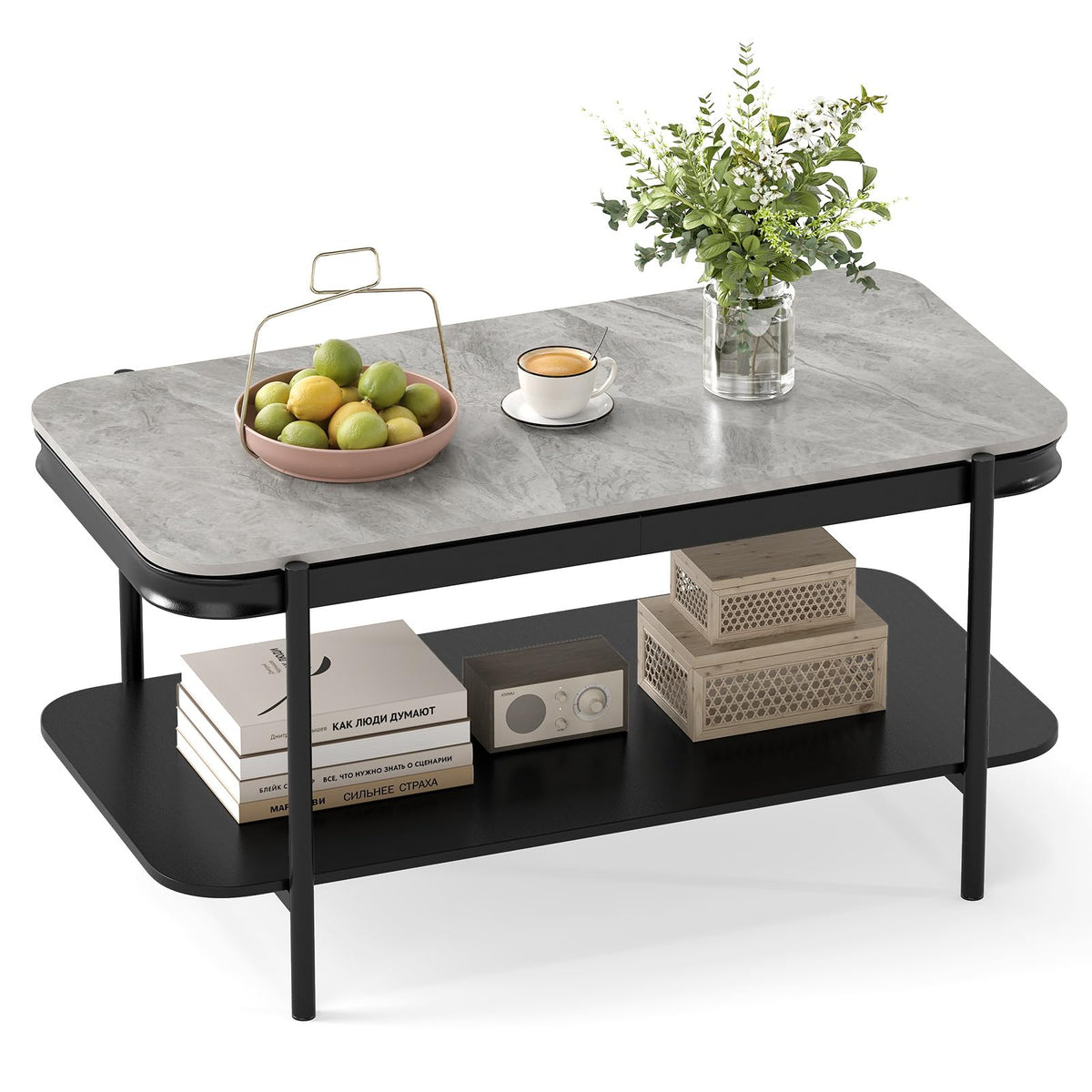 Goflame 2-Tier Coffee Table with Storage Faux Mable Center Table w/Sintered Stone Top