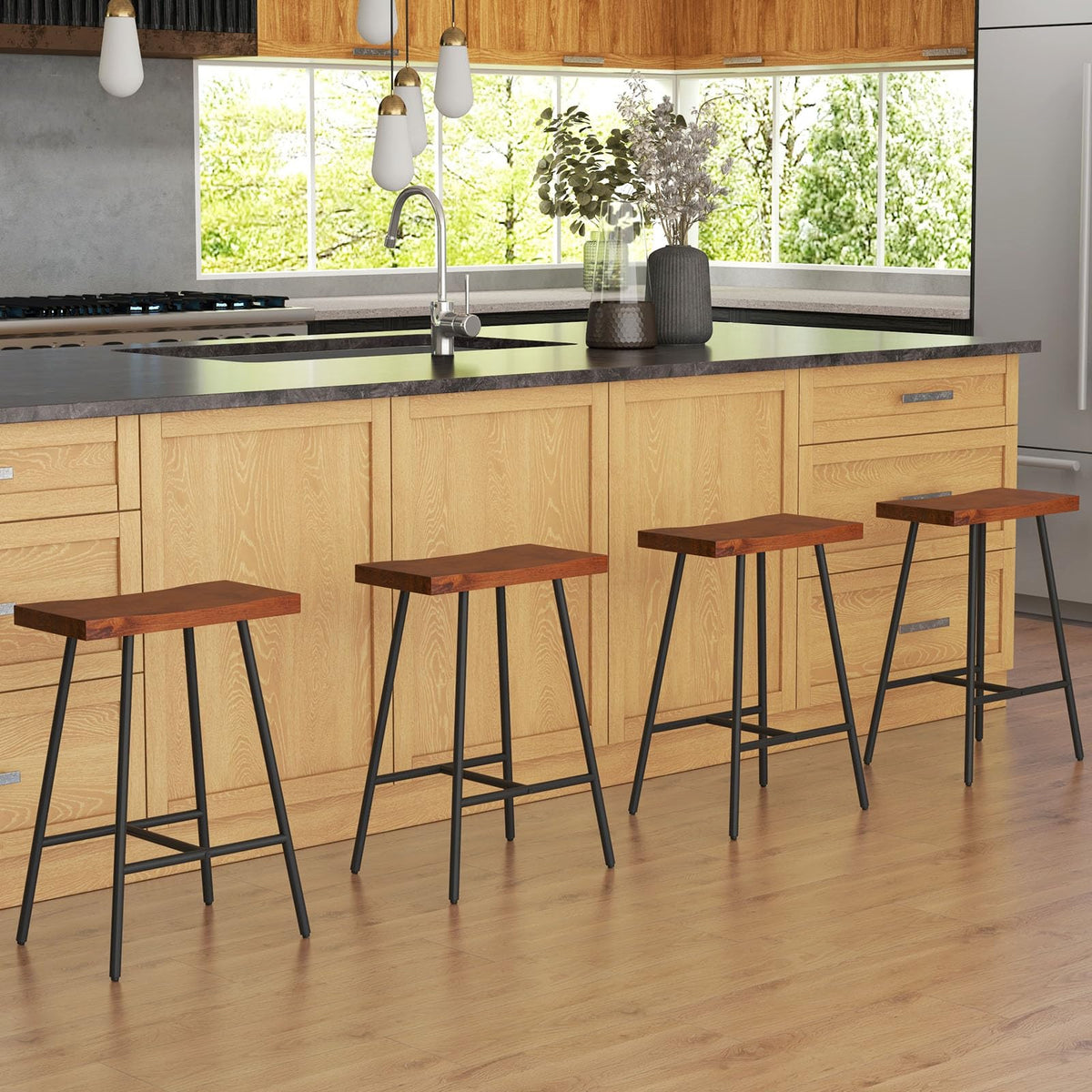 Industrial Saddle Stool with Footrest, Metal Legs, Adjustable Foot Pads, Backless Counter Height Chair for Living Room Kitchen Bar