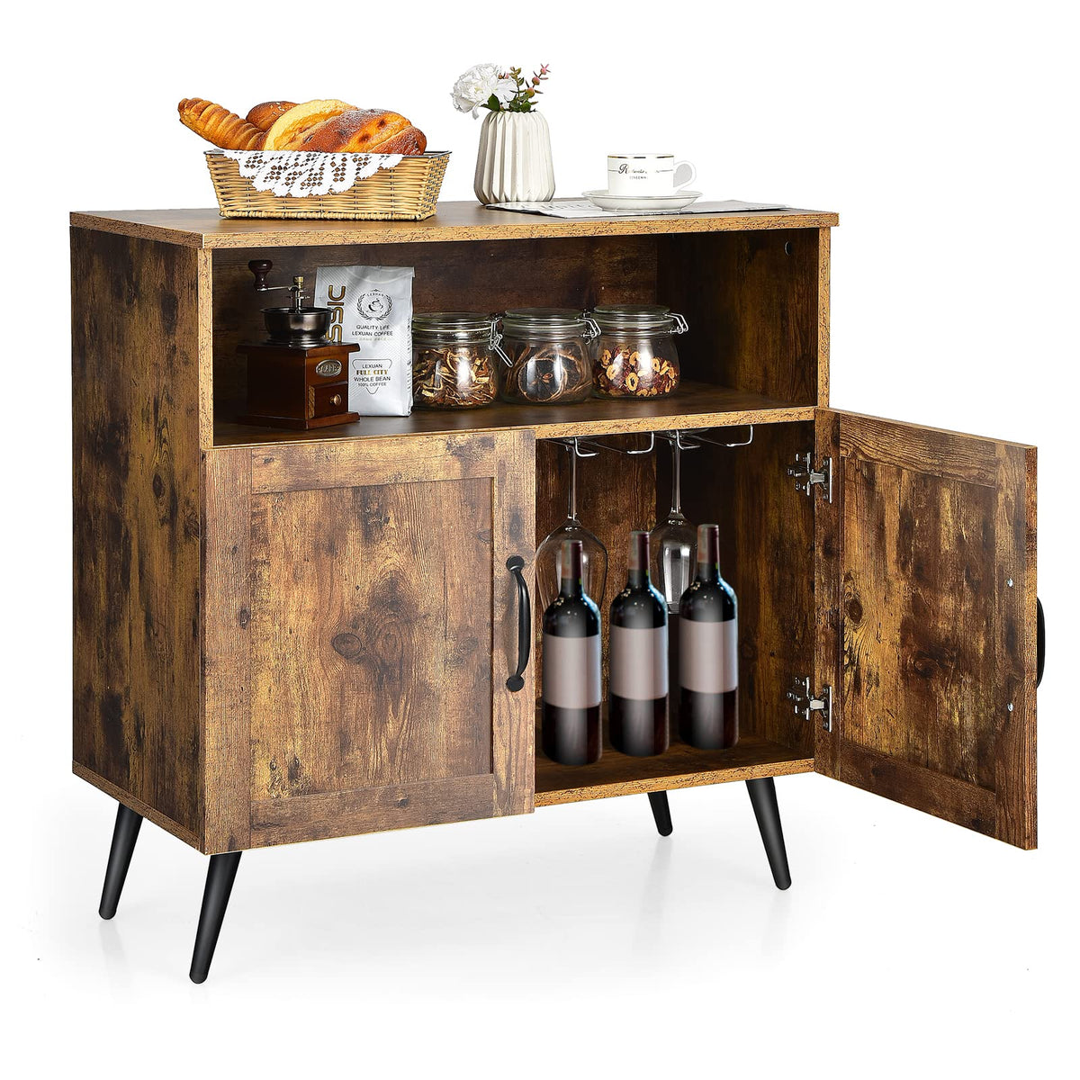 Goflame Mid-Century Storage Cabinet, Wooden Floor Cabinet with 2 Doors, Rustic Brown