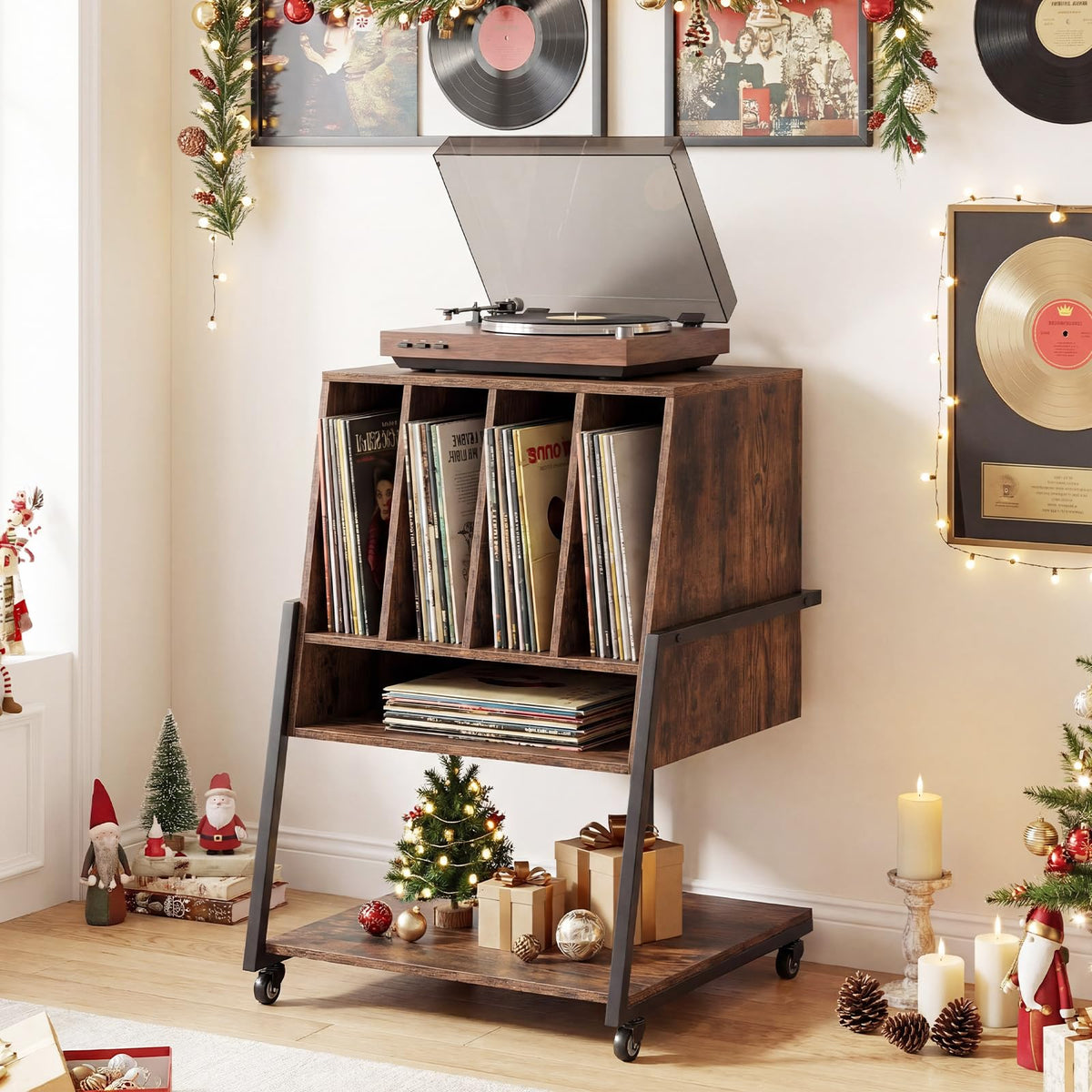 Goflame Record Player Stand on Wheels | 3-Tier Turntable Stand with Charging Station