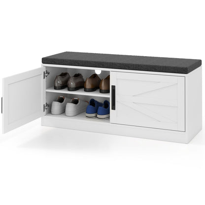 Goflame Shoe Storage Bench with Cushion, 2-Tier Entryway Bench w/2 Barn Doors & 2 Adjustable Shelves