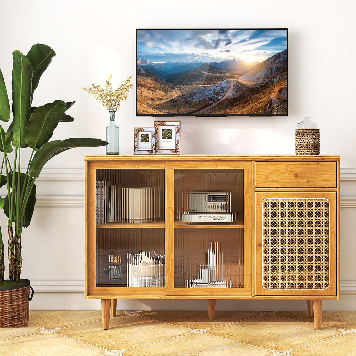 Goflame Sideboard, Bamboo Buffet Cabinet with Storage