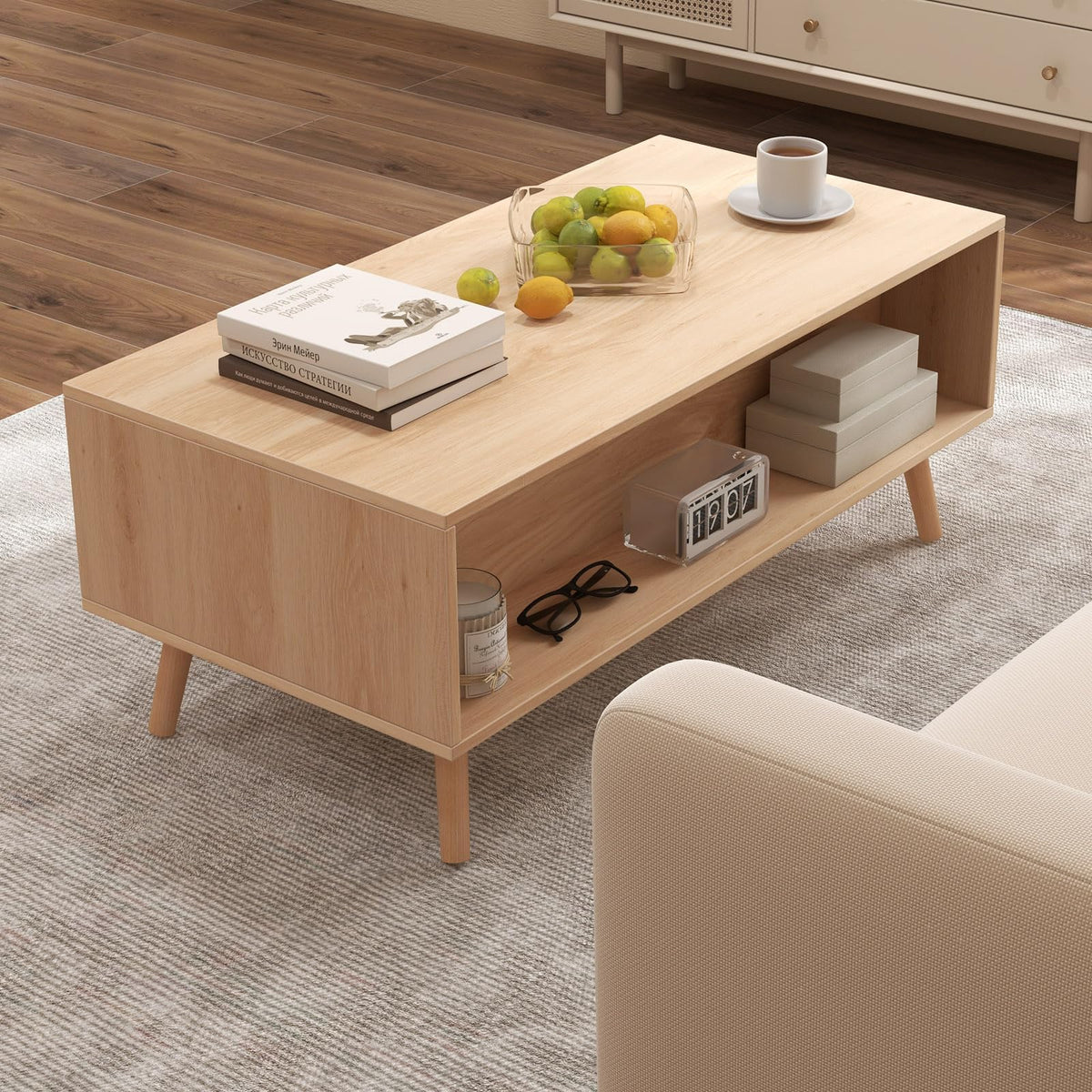 Goflame Rattan Coffee Table, Mid Century Modern Center Table with 2 Storage Drawers & Back Compartment