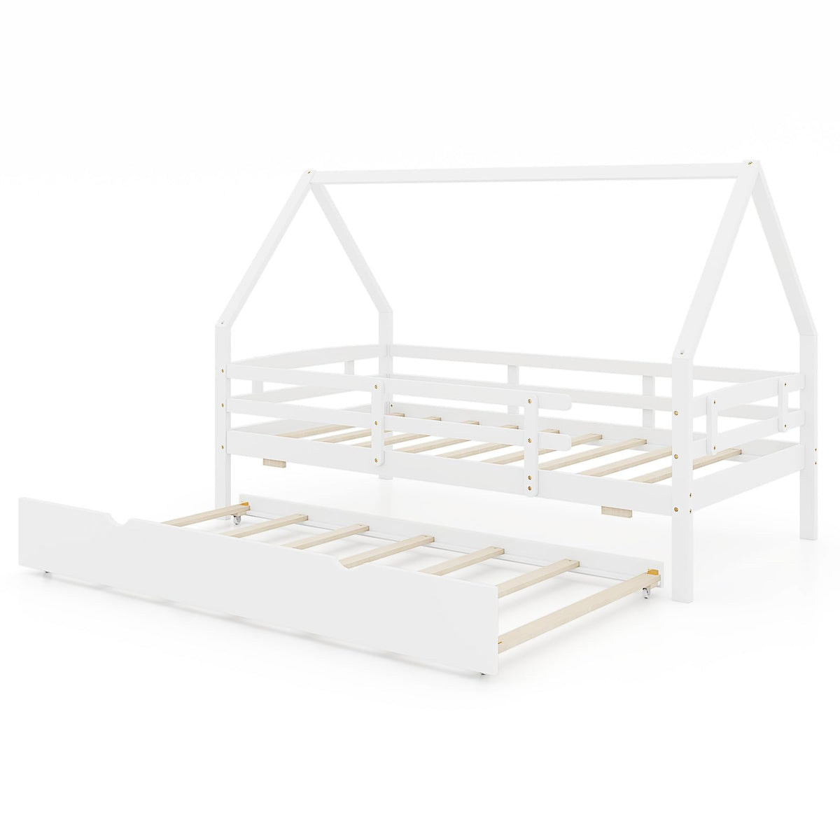 Goflame Twin House Bed with Trundle, Wood Kids Bed Frame with Roof & Fence Rails