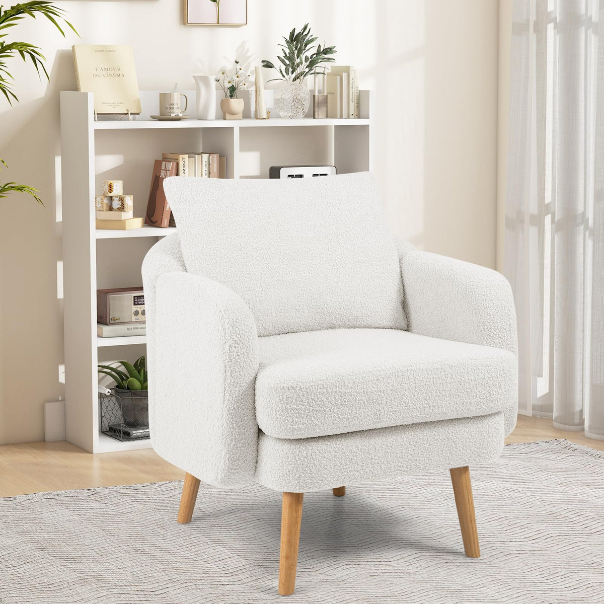Goflame Sherpa Accent Chair, Modern Upholstered Single Sofa Chair with Back Pillow & Solid Rubber Wood Legs