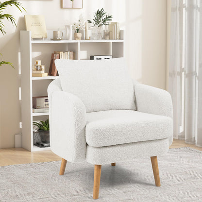 Goflame Sherpa Accent Chair, Modern Upholstered Single Sofa Chair with Back Pillow & Solid Rubber Wood Legs