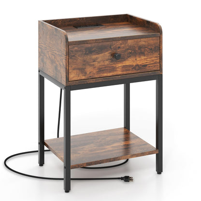 Goflame Nightstand with Charging Station, Industrial Bedside Table with Storage Drawer & Open Shelf