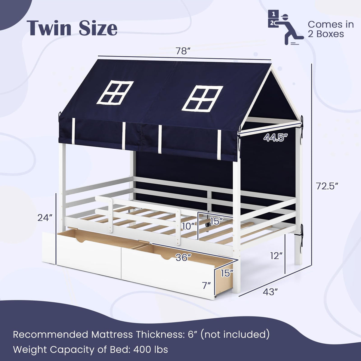 Goflame Twin House Bed with Tent, Wood Kids Bed with 2 Storage Drawers, Solid Wood Daybed Frame with Rails and Roof