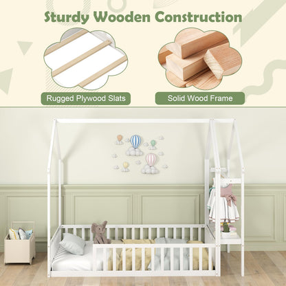 Goflame Twin House Floor Bed, Solid Wood Montessori Floor Bed with Detachable Storage Shelf & Clothes Hanger