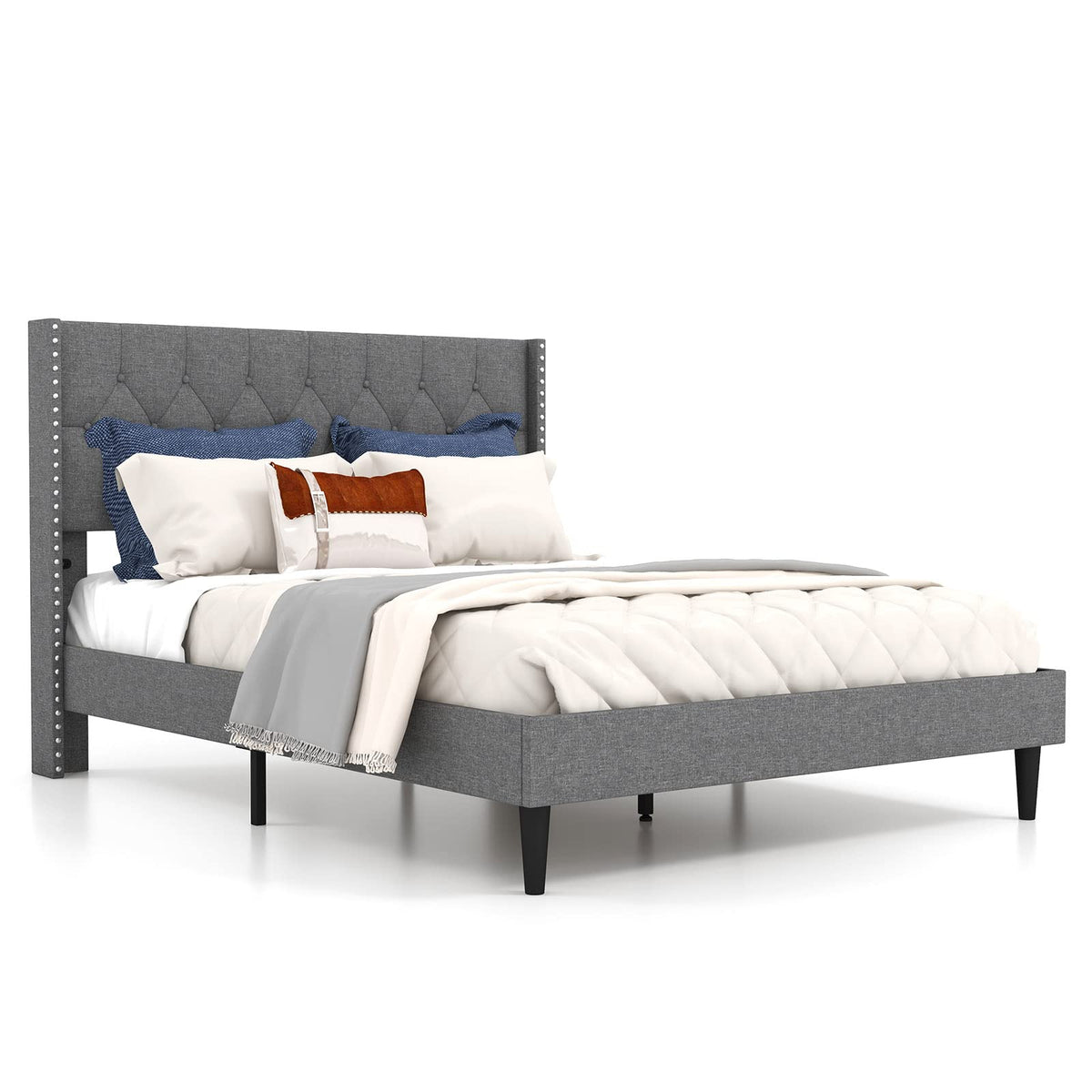 Goflame Full Size Linen Fabric Upholstered Platform Bed Frame