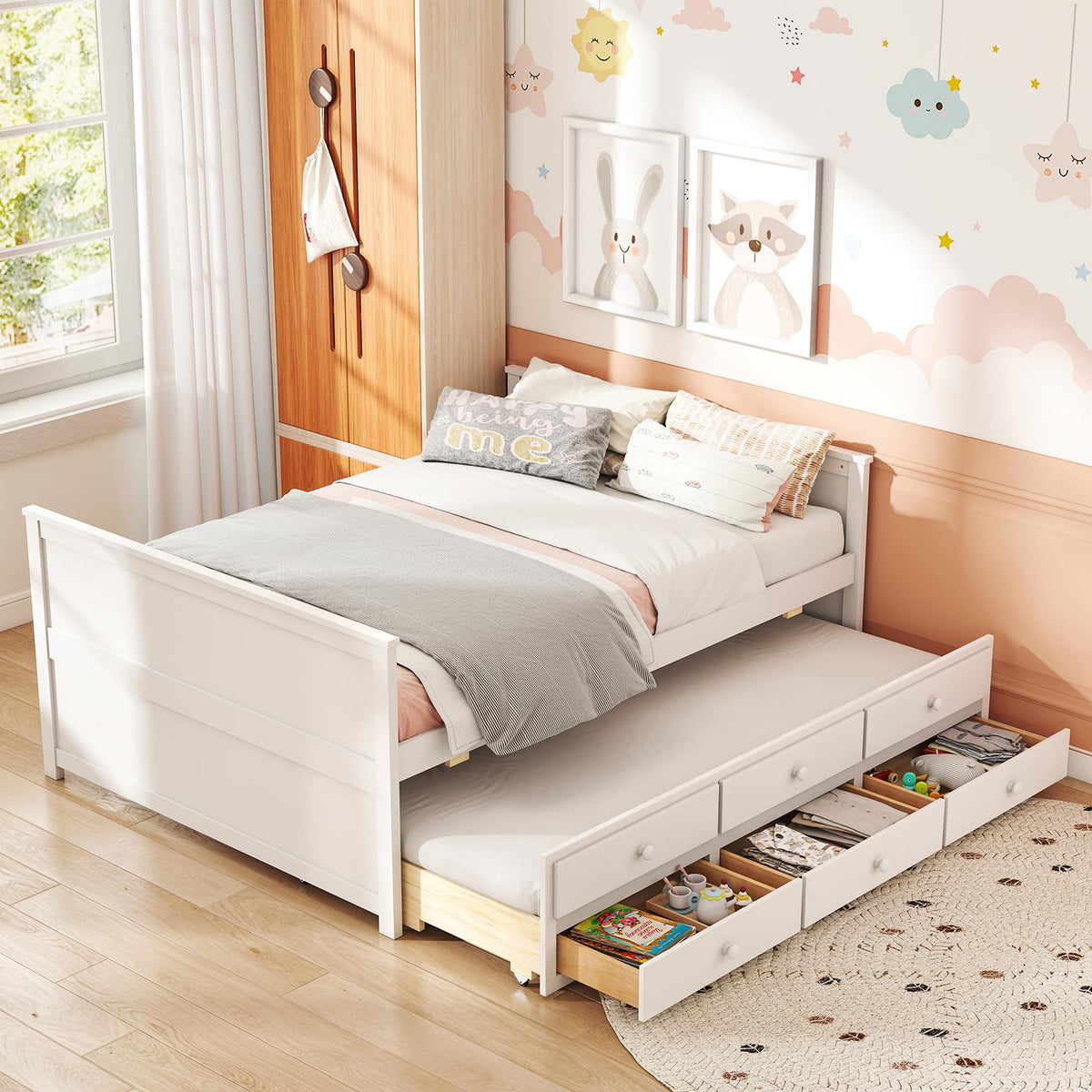 Goflame Full Size Bed Frame with Twin Trundle & 3 Storage Drawers