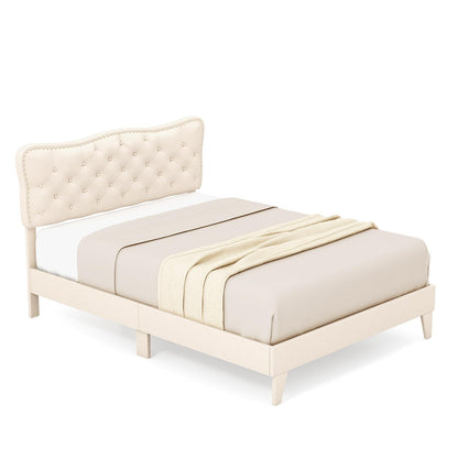 Goflame Full Size Bed Frame Beige, Linen Fabric Upholstered Platform Bed Frame with Nail Headboard