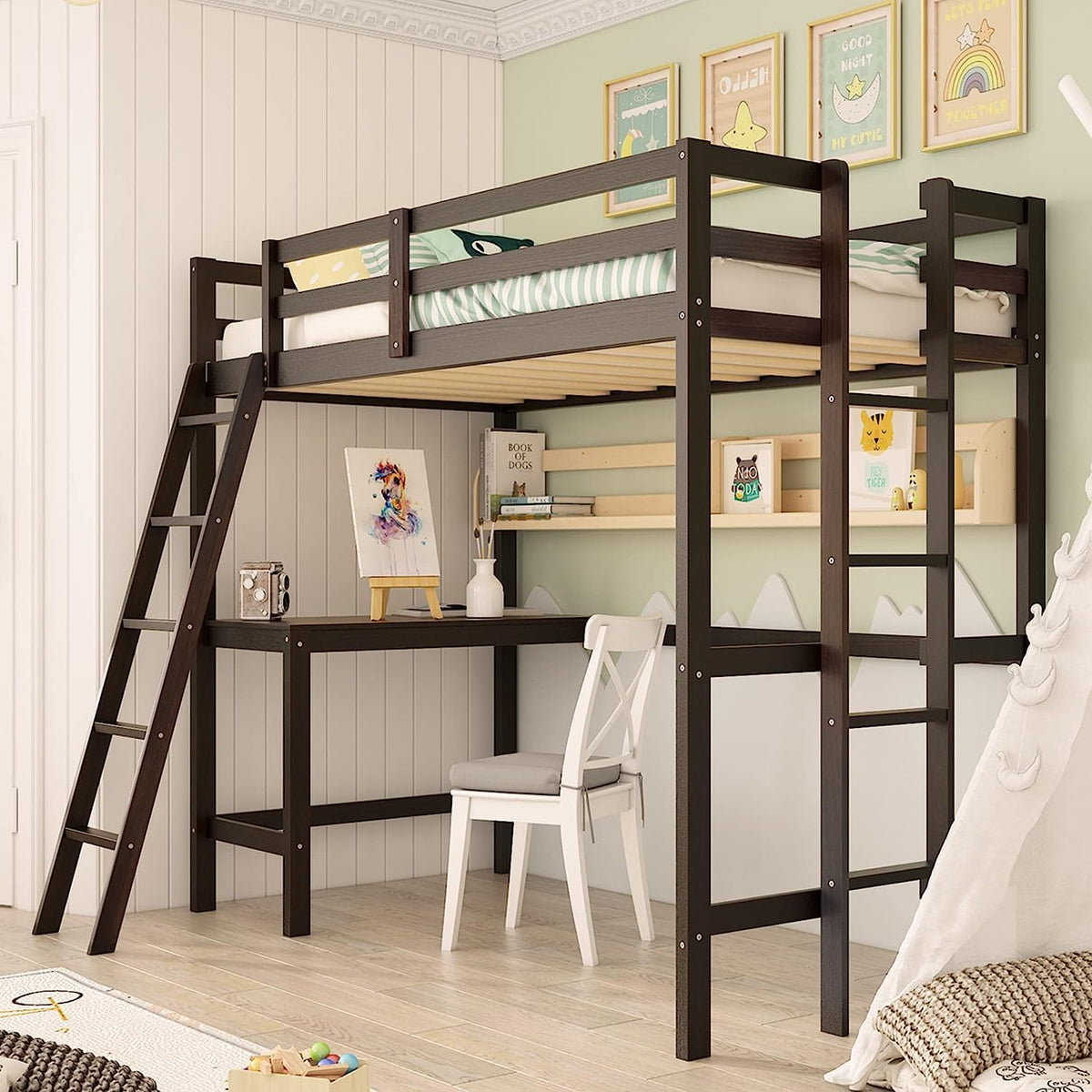 Goflame Twin Size Loft Bed with Desk, Solid Wood Loft Bed with 2 Ladders & Full Length Guardrail
