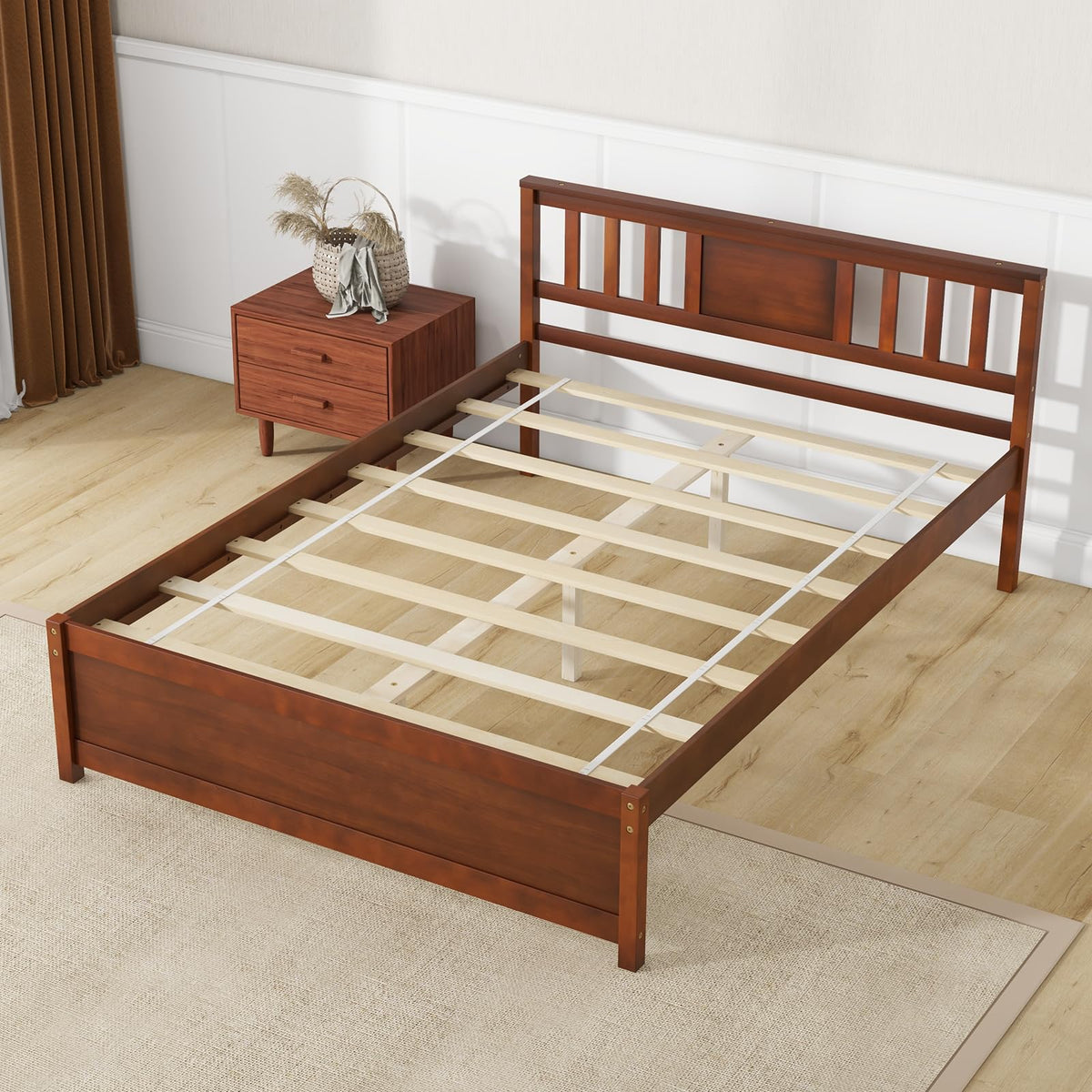 Goflame Solid Wood Platform Bed Frame, Mid Century Full Bed Frame with Headboard
