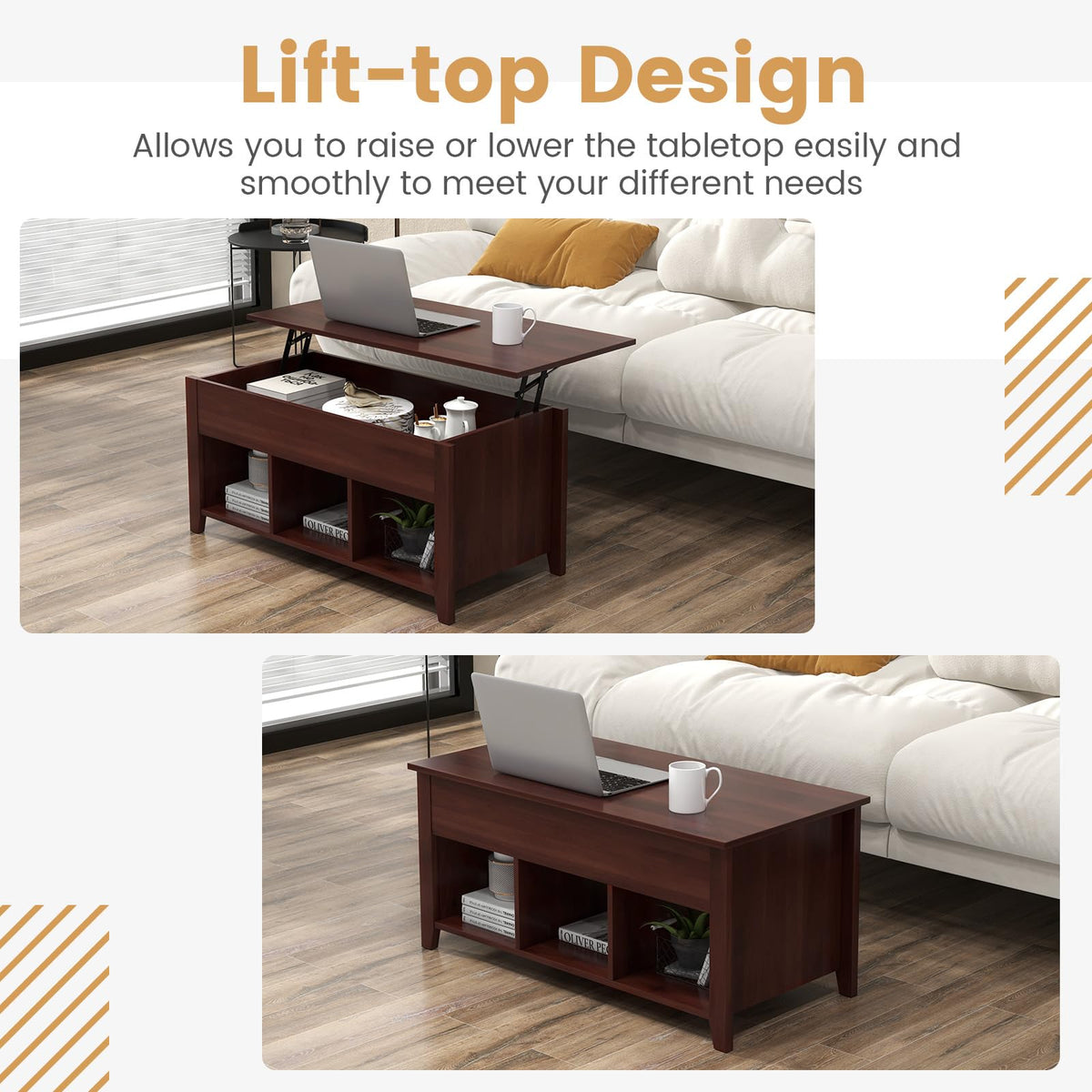 Goflame Lift Top Coffee Table - Rectangular Wooden Table w/Hidden Compartment & Open Storage Shelves