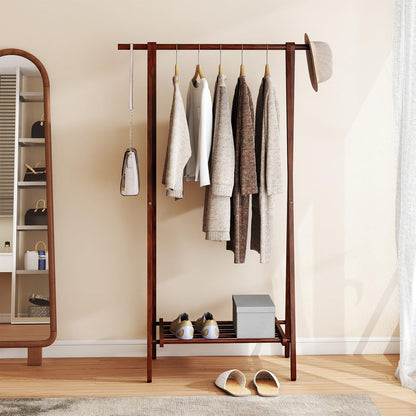 Goflame Folding Rubber Wood Clothes Hanging Rack Standing Garment Rack with Bottom Storage Shelf