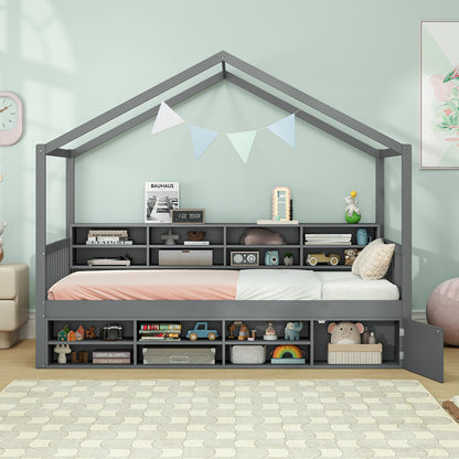 Goflame Twin Size House Bed with Storage, Wooden Montessori House Bed with 14 Storage Cubes