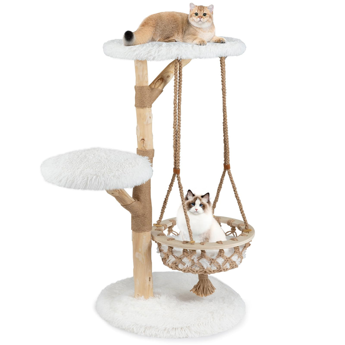 48.5" Solid Wood Cat Tree, Natural Branch Modern Kitten Tower w/ Hanging Cradle, Jute Scratching Post, Perch, Padded Platform, Soft Plush, Luxury Condo, 4-Tier Indoor Cat Climbing Furniture