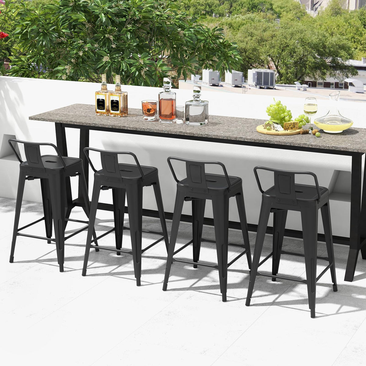 Goflame Metal Bar Stools Set of 4, 24" Counter Height Modern Industrial Barstools w/Removable Bucket Back & Footrest