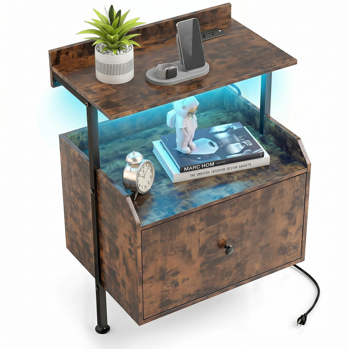 Goflame Nightstand w/Charging Station & LED Light (1/2)